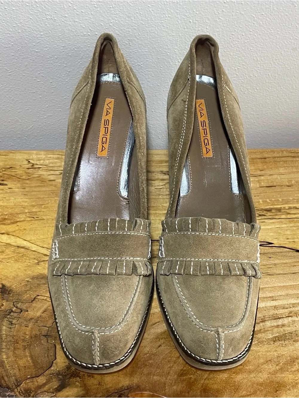 Via Spiga Kilte Tan Suede Fringe Wedge Loafer Heels